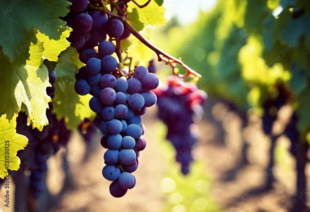 Fototapeta premium Delicious grapes in picturesque vineyard close up