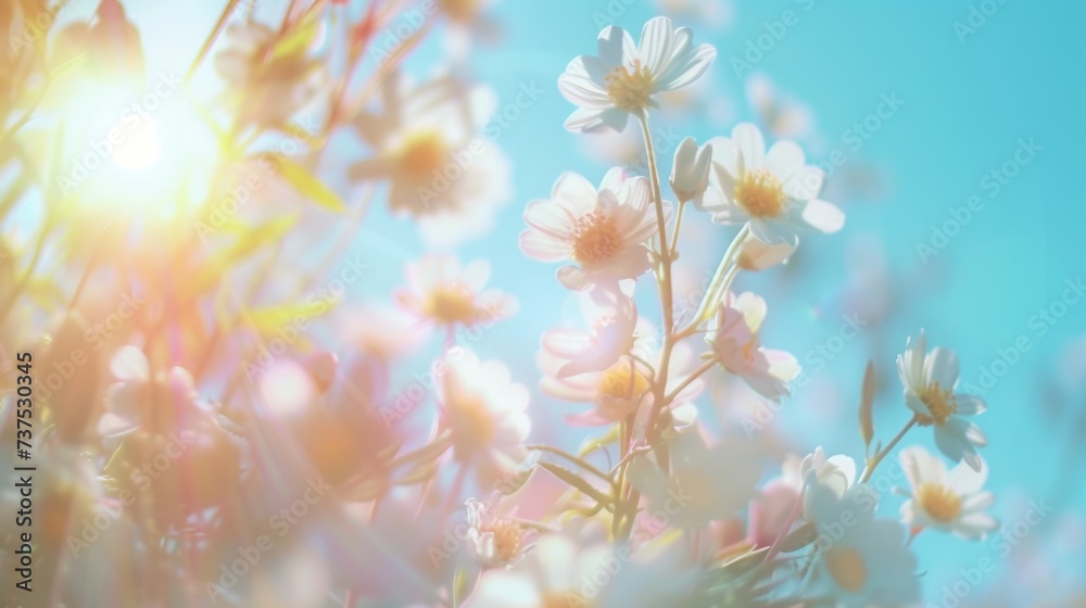 Fototapeta premium Sun shining brightly through a vibrant display of flowers. Perfect for nature or garden-themed projects