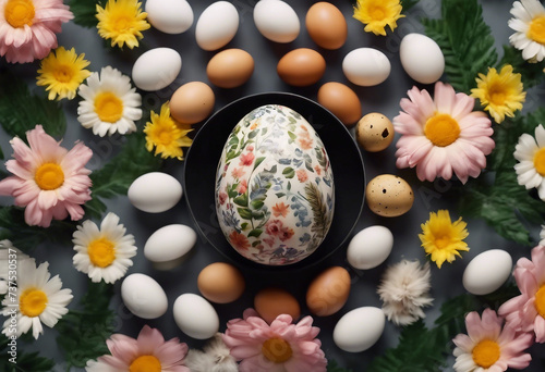 Easter egg shape made of flowers leaves and quail eggs Natural Floral pattern Big Egg decorated with DIY decoupage 