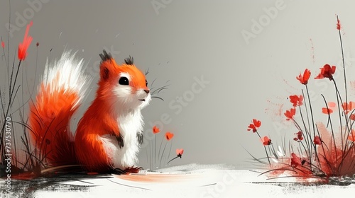 a painting of a red squirrel sitting in a field of grass and red flowers with a gray sky in the background. photo
