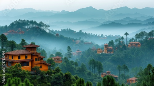 a scenic view of a village in the middle of a forested area with mountains in the background and fog in the air. photo