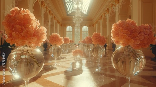 a group of vases with flowers in them on a checkered floor in front of a chandelier. photo