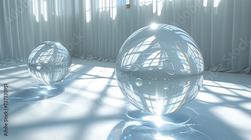 a couple of glass balls sitting on top of a floor next to a curtained window with sunlight streaming through them. photo