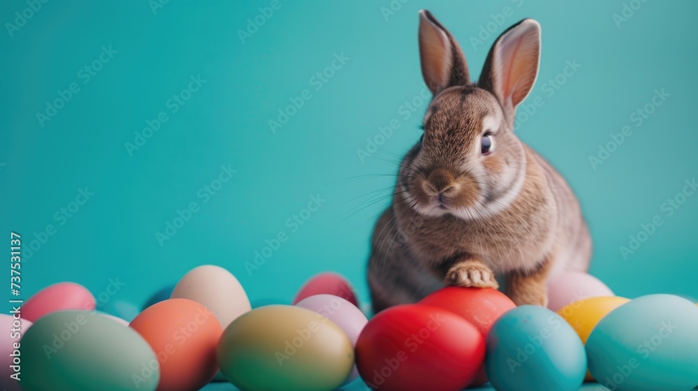 A rabbit is seen sitting on top of a pile of colorful eggs. This image can be used for Easter-themed designs or to represent the concept of fertility and new beginnings