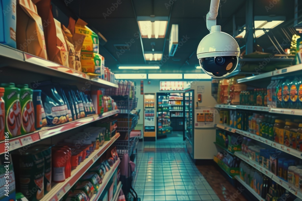 A camera is suspended from the ceiling in a store. Suitable for various commercial and surveillance purposes