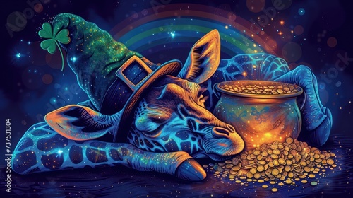 a painting of a giraffe laying down next to a pot of gold coins and a pot of luck. photo