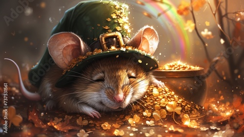 a mouse with a green hat on its head and gold coins in front of a pot with a rainbow in the background. © Shanti