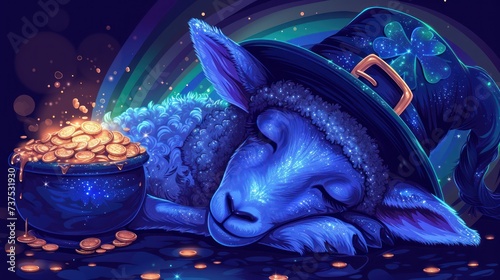 a painting of a sheep sleeping next to a caulder of gold coins and a pot of gold coins. photo