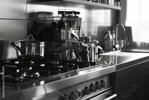 A black and white photo of pots and pans on a stove. Ideal for illustrating cooking, kitchenware, or culinary concepts