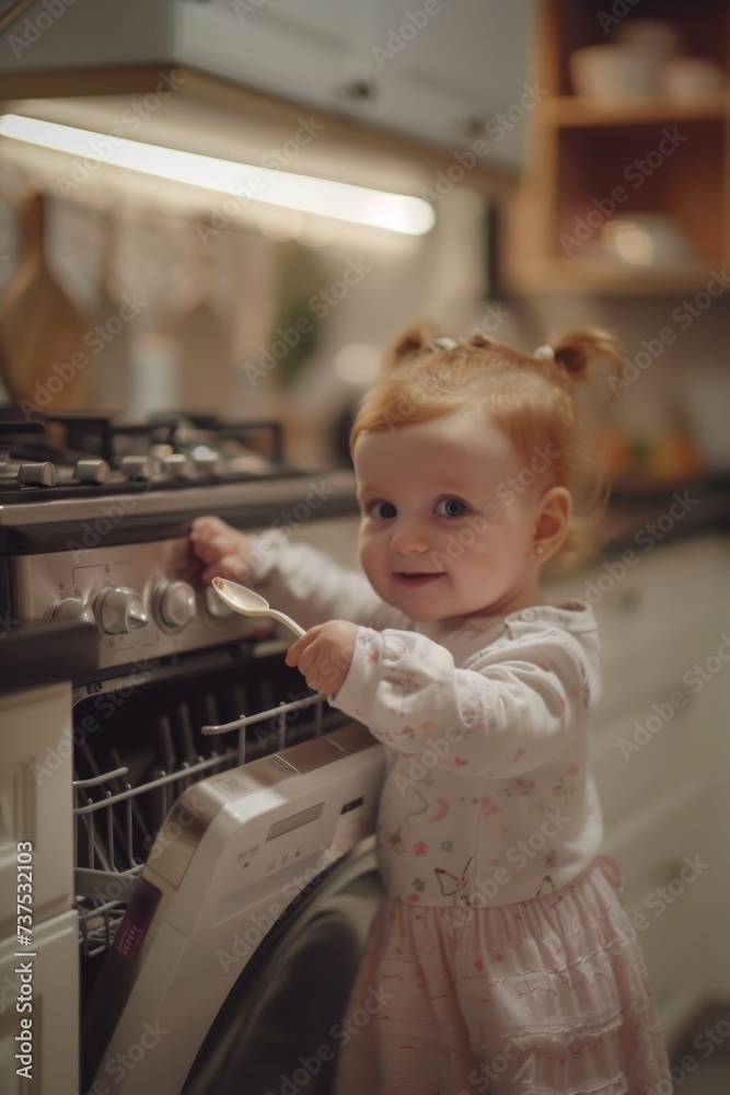 A young girl standing in front of a stove. This image can be used to depict cooking, family, or household activities A young girl standing in front of a stove. This image can be used to depict cooking, family, or household activities