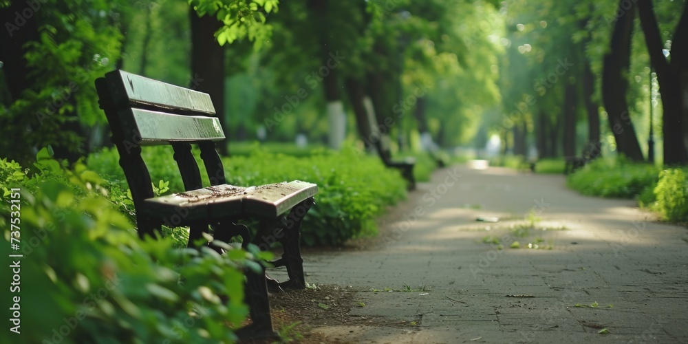 A park bench located in the center of a park. This image can be used to depict relaxation and tranquility in a natural setting