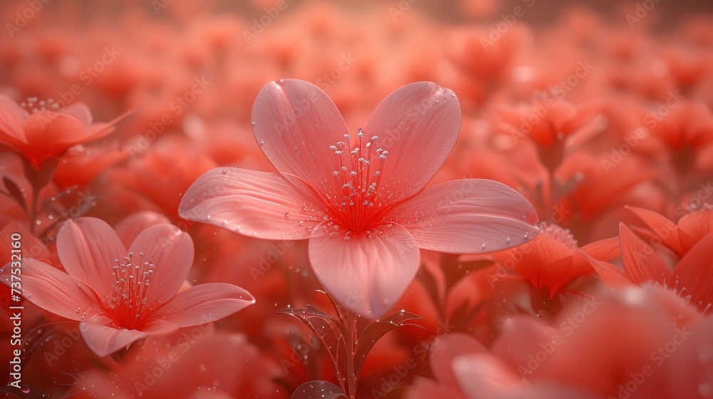 a close up of a pink flower with drops of water on the petals and in the middle of a field of red flowers. a close up of a pink flower with drops of water on the petals and in the middle of a field of red flowers.