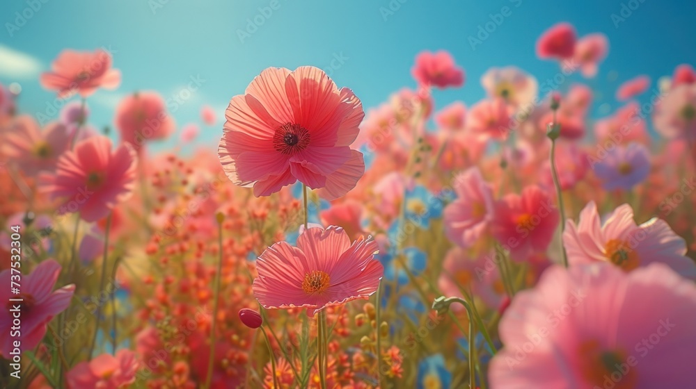 a field full of pink flowers with a blue sky in the background and a few pink flowers in the foreground.