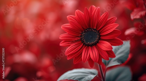 a red flower with green leaves in the foreground and a blurry background of red flowers in the foreground. photo