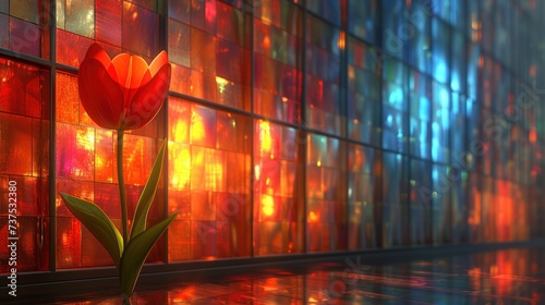 a single red tulip in front of a multicolored wall with a reflection of the light coming through it. photo