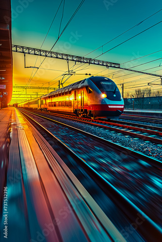 High speed train in motion on the railway station at sunset. Fast moving modern passenger train on railway platform. Railroad with motion blur effect. Commercial transportation. Blurred background.