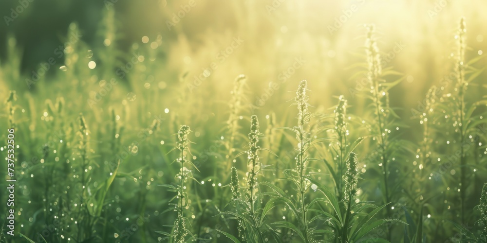A picture of a grass field with water droplets glistening on the blades. Perfect for nature-themed designs and concepts