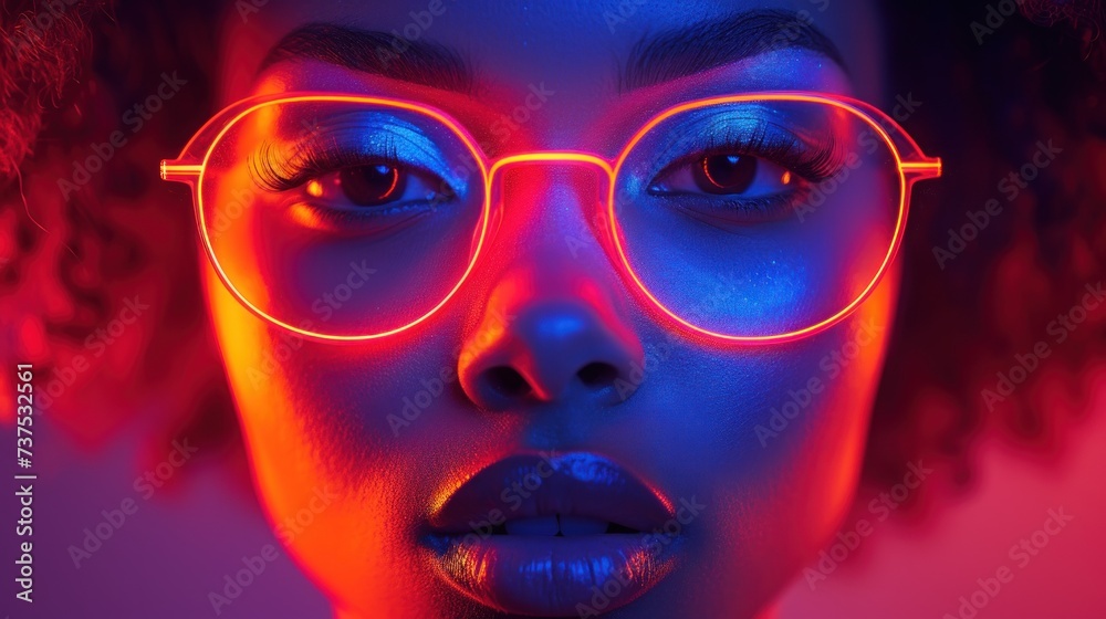 a close up of a woman wearing glasses with neon lights on her face and her hair blowing in the wind.
