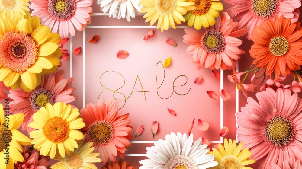 Colorful flowers surround a sale sign on a vibrant pink background. This image can be used to promote sales and discounts in various marketing materials
