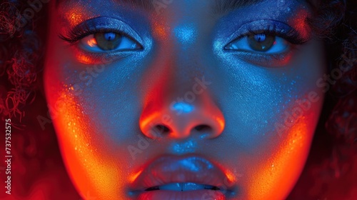 a close up of a woman's face with a blue and red light on her face and a red background.
