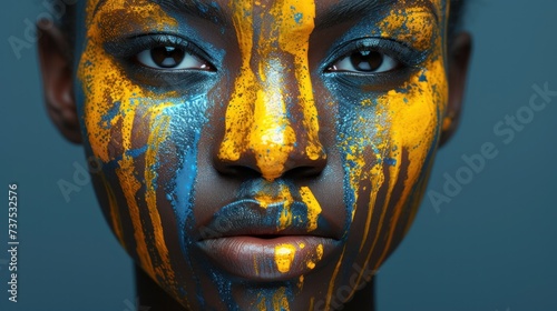 a close up of a person with yellow and blue paint on their face and face, with a blue background.