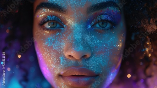 a close up of a woman's face with blue and purple glitter on her face and her eyes glowing.