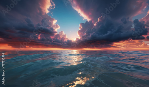Beautiful Cloudy Sky at Dawn over Ocean Water Waves Background Wallpaper