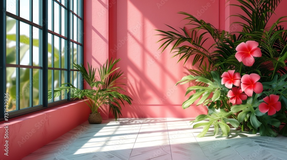a potted plant sitting next to a window in a room with a pink wall and a white tiled floor.