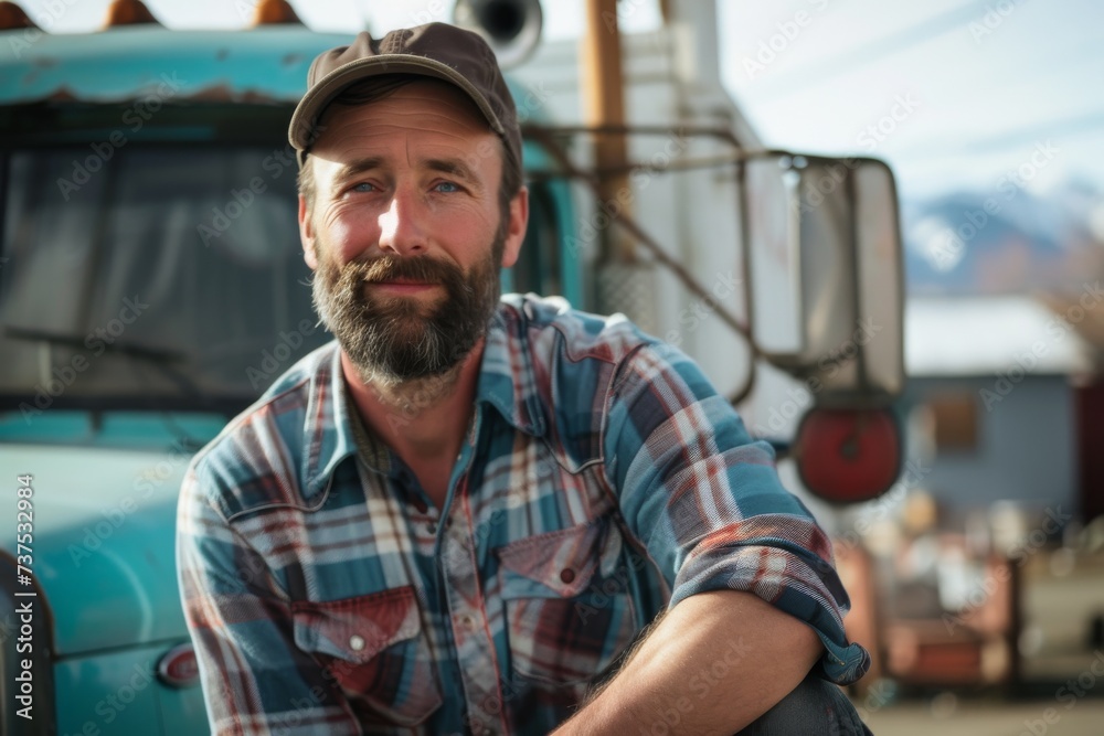 Confident man standing before his truck smiling at the camera Confident man standing before his truck smiling at the camera