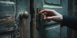 A person is seen opening a door with a key. This image can be used to symbolize unlocking opportunities or gaining access to new possibilities