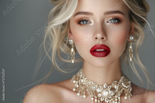 Blonde woman wearing fashionable jewelry and holiday inspired makeup poses as a bridal model with a wedding style in a studio shot against a grey b photo