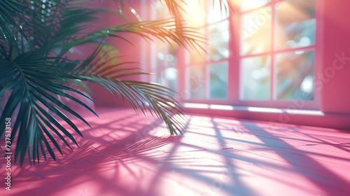 a palm tree casts a shadow on the floor of a room with pink walls and a large window on the far side of the room.