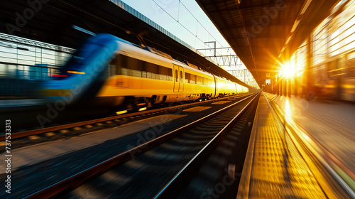 High speed train in motion on the railway station at sunset. Fast moving modern passenger train on railway platform. Railroad with motion blur effect. Commercial transportation. Blurred background.