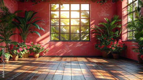 a room with a lot of potted plants on the floor and a window with a view of the outside.