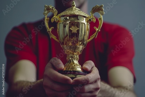 Close up of man holding golden trophy isolated on background