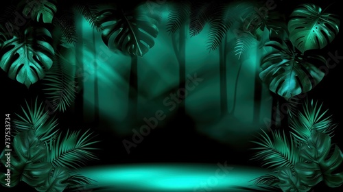 a dark and green jungle scene with a pond surrounded by palm trees and a lot of leaves on a black background.