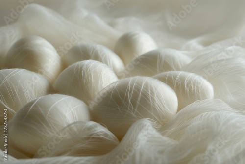 Close up of white silk cocoons with silk thread backdrop photo