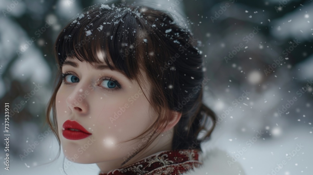 A woman is pictured wearing a scarf and red lipstick in the snowy outdoors. This image can be used to depict winter fashion or a glamorous winter look A woman is pictured wearing a scarf and red lipstick in the snowy outdoors. This image can be used to depict winter fashion or a glamorous winter look