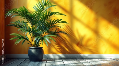 a potted plant sitting on a wooden floor in front of a yellow wall with a shadow cast on it.