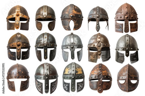 Various types of helmets displayed on a white background. Suitable for safety, sports, and recreational themes