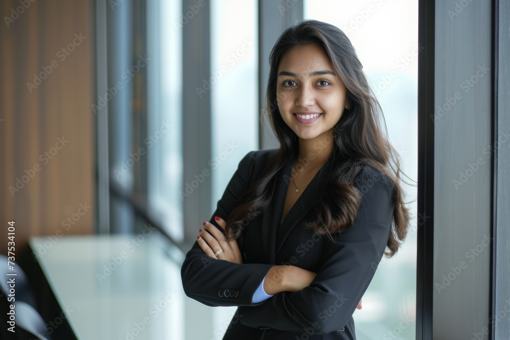 Confident happy and optimistic young Indian Asian businesswoman stands by window in meeting room smiling with crossed arms Confident happy and optimistic young Indian Asian businesswoman stands by window in meeting room smiling with crossed arms