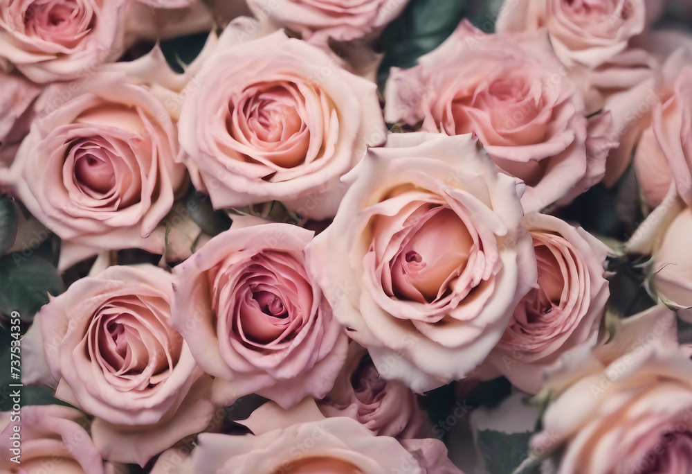 Fototapeta premium Pastel pink roses frame Beautiful flower arrangement for your design
