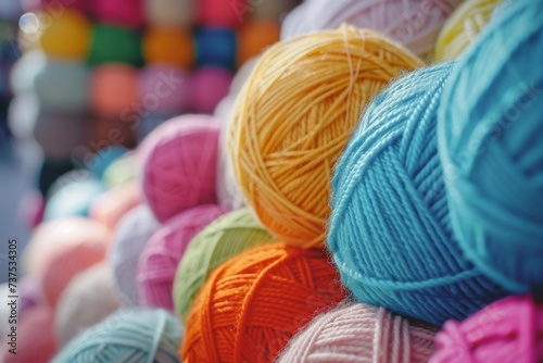 Colorful wool yarn balls at a market stall