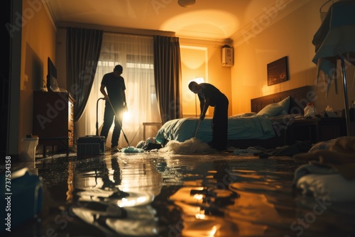 A man and woman are cleaning a flooded room. This image can be used to depict cleaning after a water damage incident or during a home renovation project photo