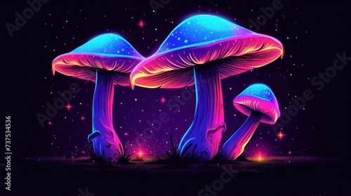 a couple of mushrooms sitting on top of a field of grass under a sky filled with stars of different colors.