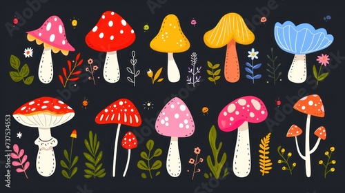 a bunch of different types of mushrooms on a black background with leaves and flowers around them, all in different colors.