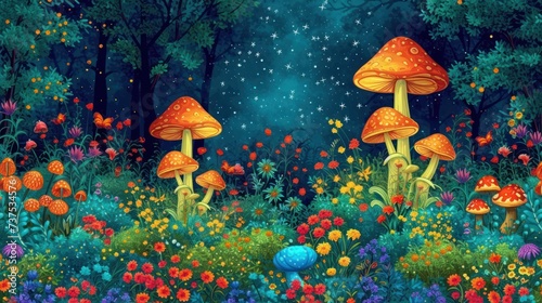 a painting of a forest filled with lots of different types of mushrooms in the middle of a field of flowers.