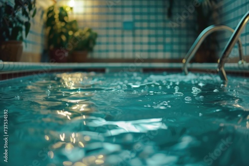 A close up view of a pool with a ladder. This image can be used to depict a swimming pool or for illustrating concepts related to relaxation, summer, or outdoor activities photo