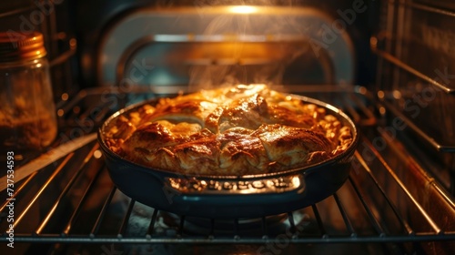 A delicious pie cooking in the oven with steam coming out. Perfect for food blogs, recipe websites, and cooking magazines photo