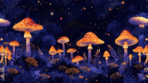 a painting of a group of mushrooms in a forest at night with stars in the sky and stars in the sky.